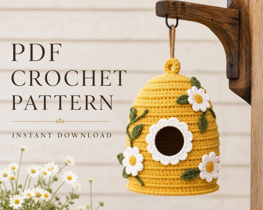 Crochet Beehive Birdhouse Pattern, Hanging Garden Decor, Beginner Amigurumi, Daisy Flower Craft (PDF Download)