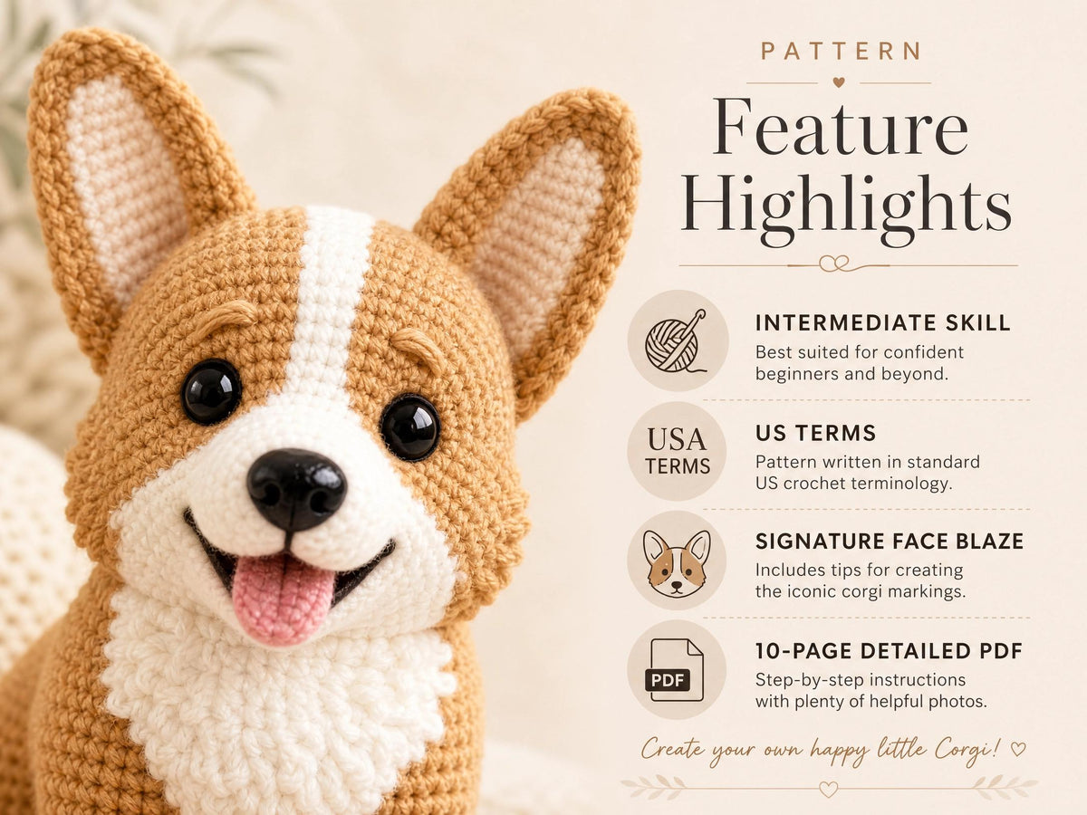 Corgi Amigurumi Crochet Pattern, Intermediate Dog Plushie PDF, Realistic Corgi Toy (Instant Download)