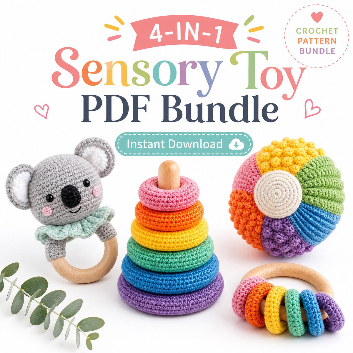 4-in-1 Sensory Toy Crochet Patterns | Koala Rattle, Stacking Rings, Ball (PDF Download)
