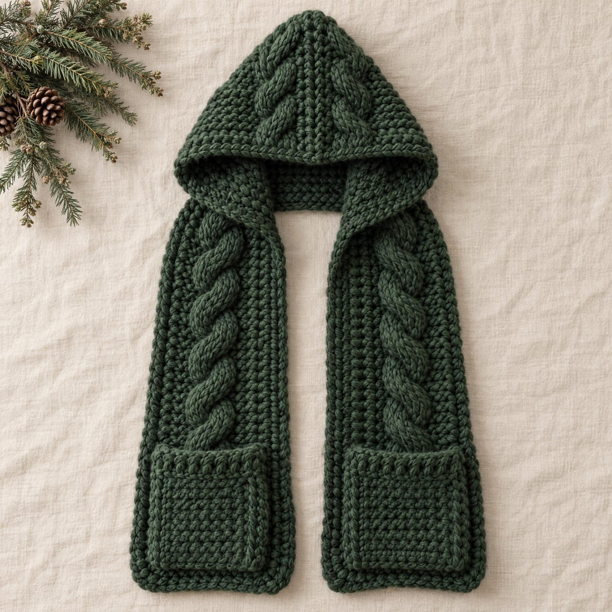 Evergreen Cable Hooded Scarf Pattern: Crochet PDF for Adults