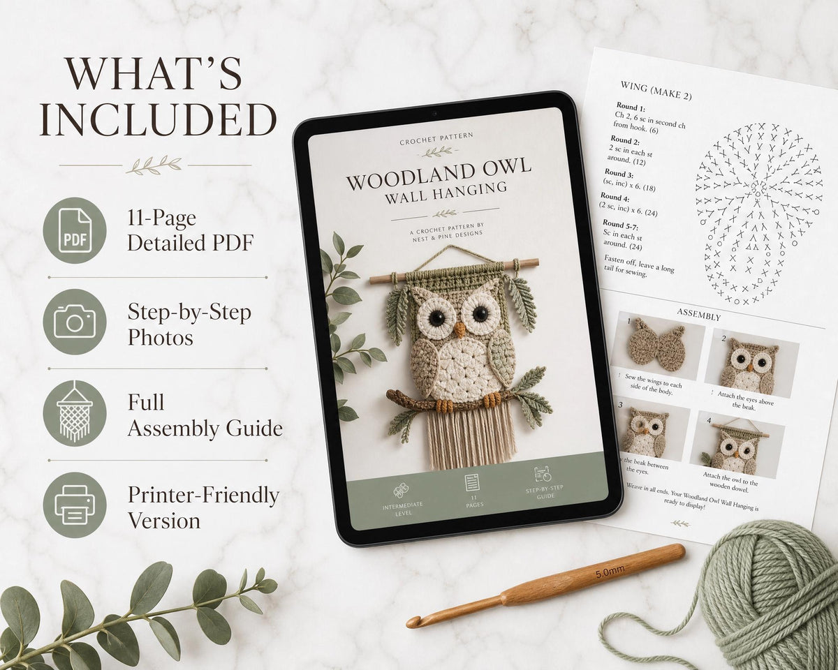Crochet Owl Wall Hanging Pattern, Boho Nursery Decor, Woodland Art PDF (Digital Download)