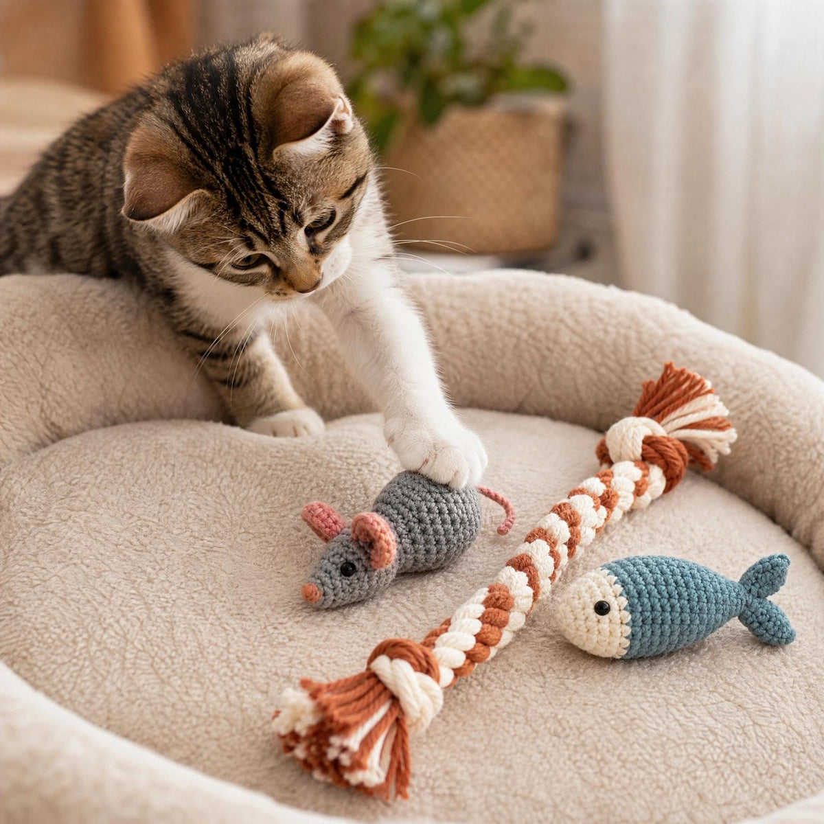 Crochet Cat Toy Patterns PDF, 3 Beginner Designs: Mouse, Fish & Braid, Digital Download, US Terms