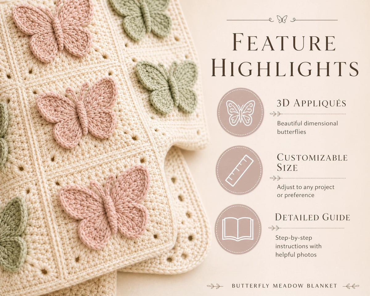 Butterfly Meadow Blanket Crochet Pattern | Granny Square Throw PDF | Dimensional Butterfly Appliqué