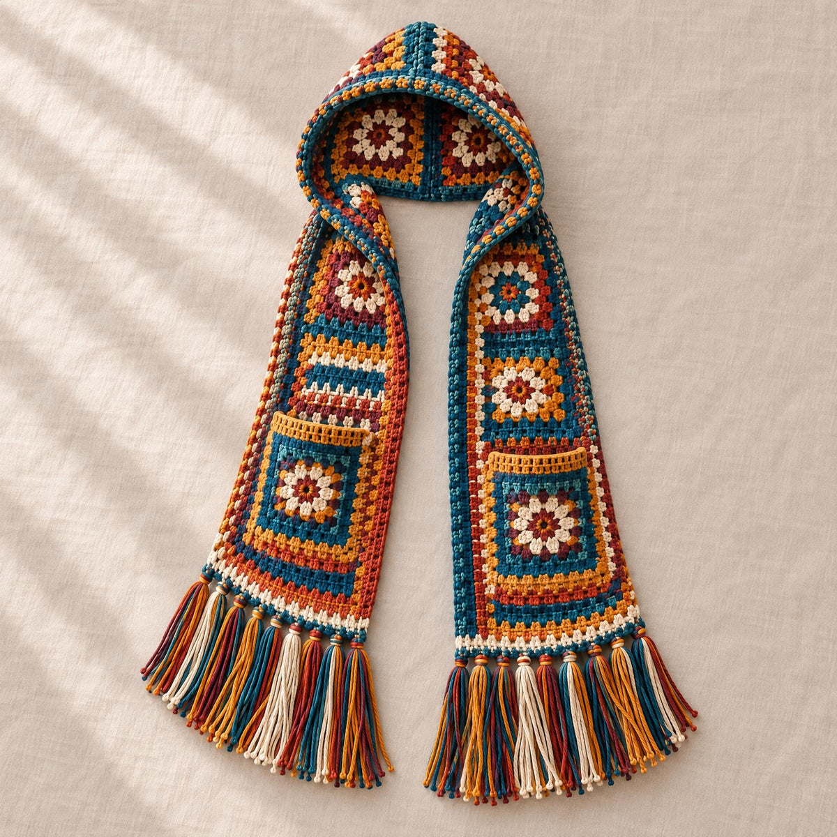 Crochet Hooded Scarf Pattern: 32 Granny Squares, Pockets, Tassel Fringe (Digital Download)