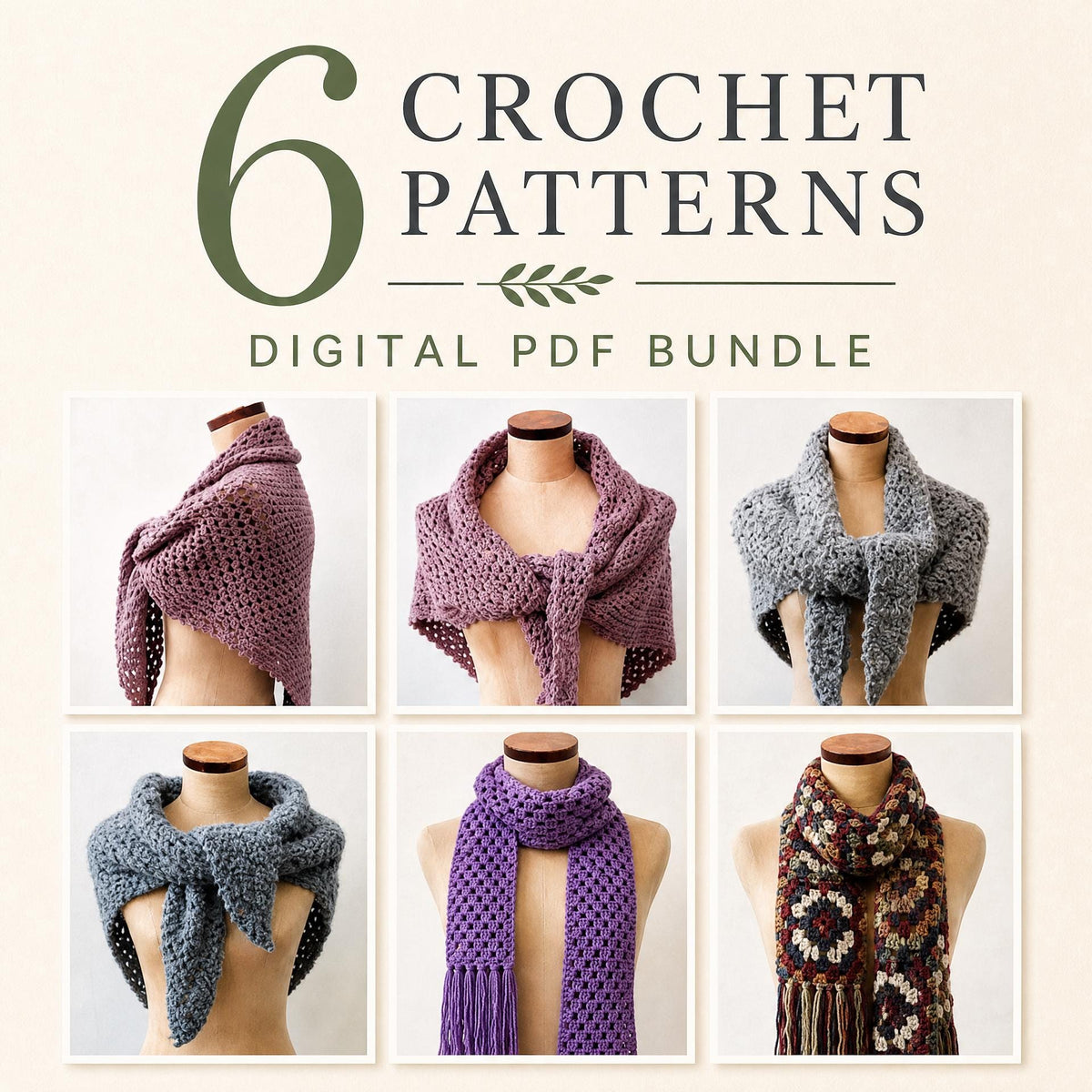 6 Crochet Shawl & Scarf Patterns Bundle, Granny Square Designs (Digital Download)