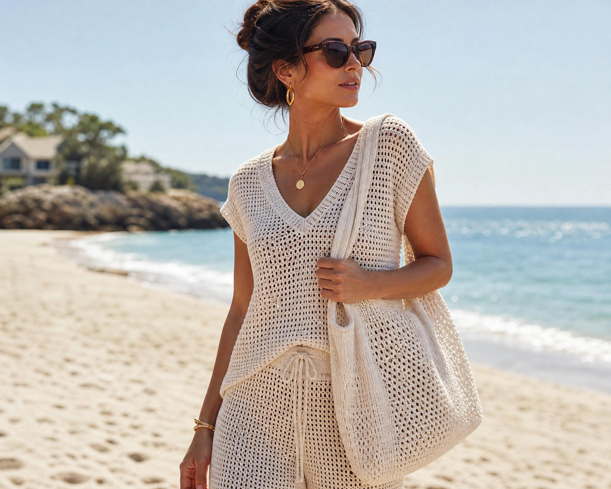 Coastal Crochet Set Pattern | Mesh V-Neck Top & Market Tote Bag PDF | Summer Beachwear Digital Download
