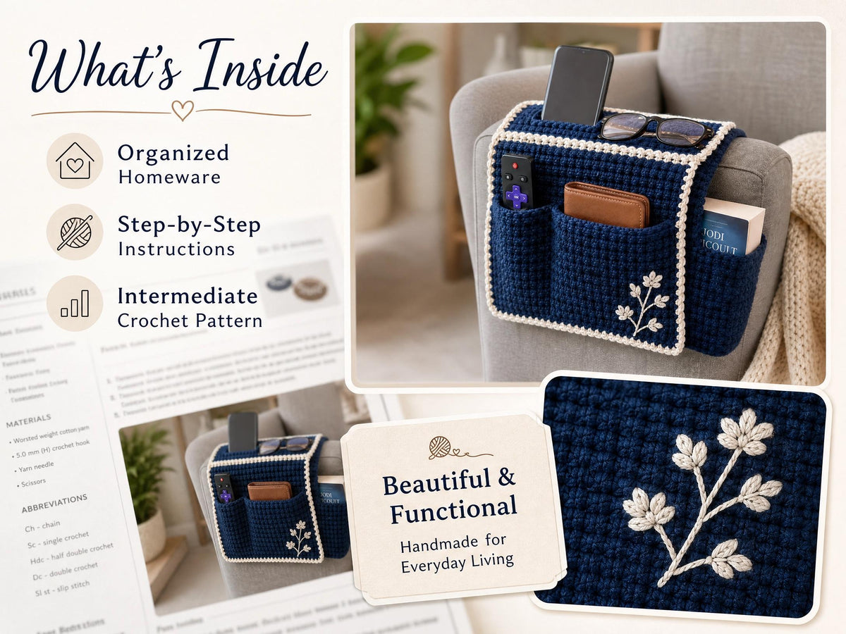 Crochet Armrest Caddy Pattern | Sofa Organizer, Navy Blue, Intermediate PDF