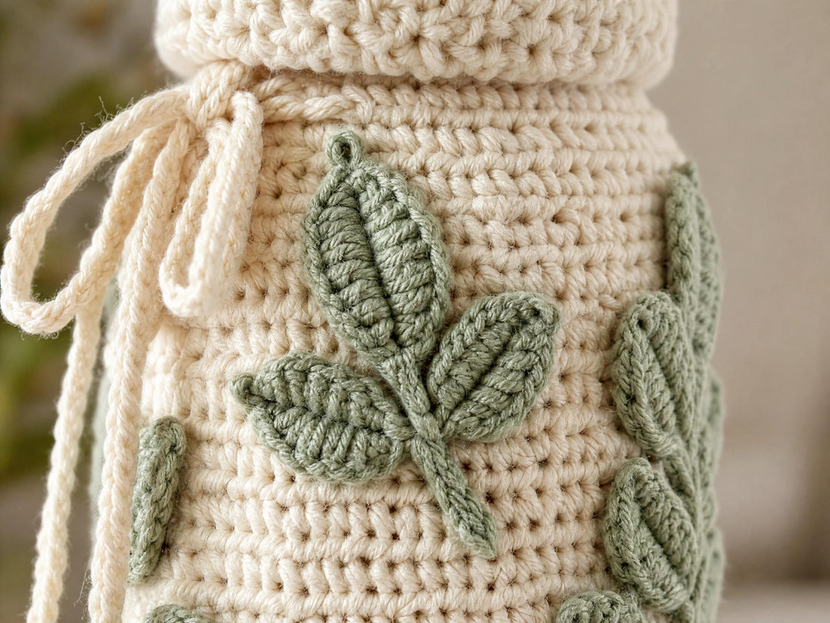 Textured Crochet Wine Bottle Cover Pattern | Sage Green Leaf Appliqué (PDF Pattern)