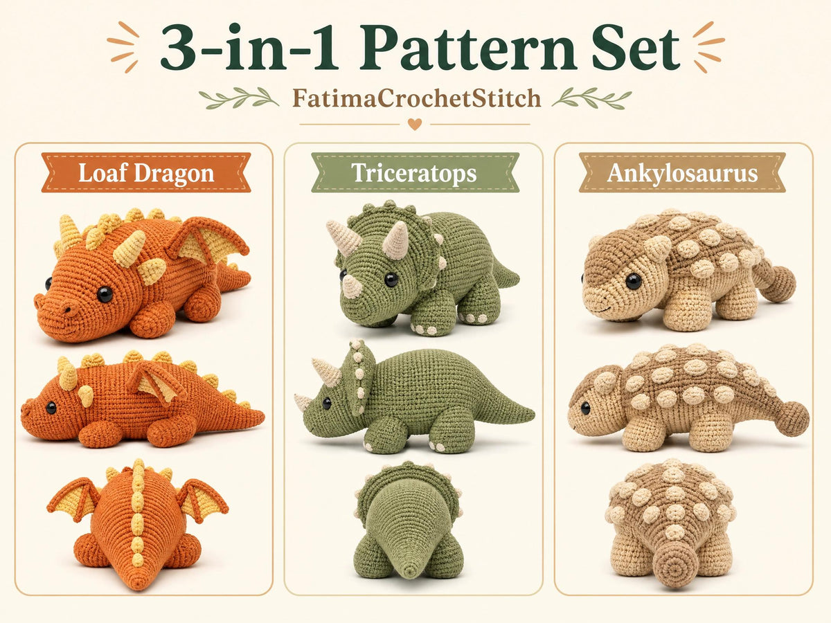 3-in-1 Dinosaur Crochet Pattern PDF | Mini Triceratops, Ankylosaurus & Dragon Amigurumi | No-Sew Plush | Instant Download