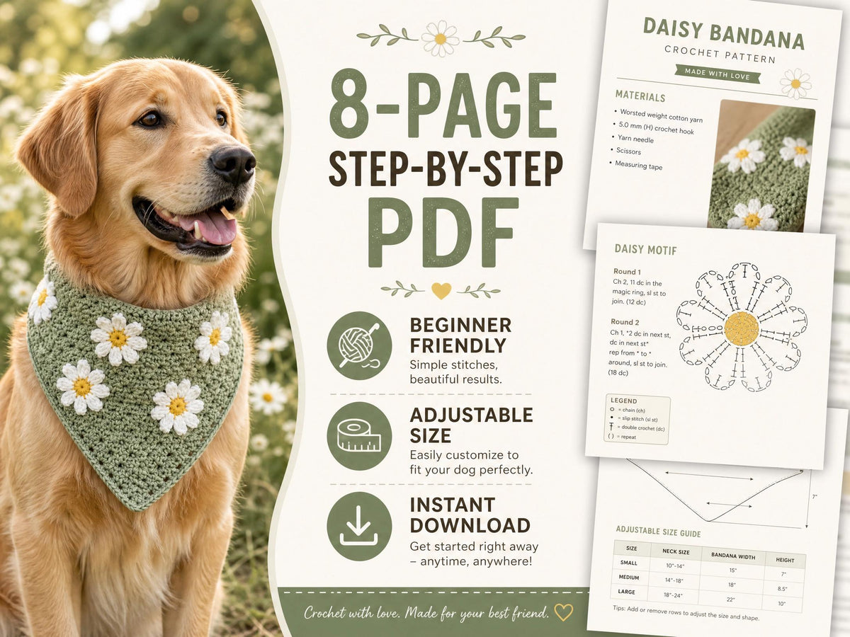 Daisy Dog Bandana Crochet Pattern – Adjustable Pet Accessory PDF (Digital Download)