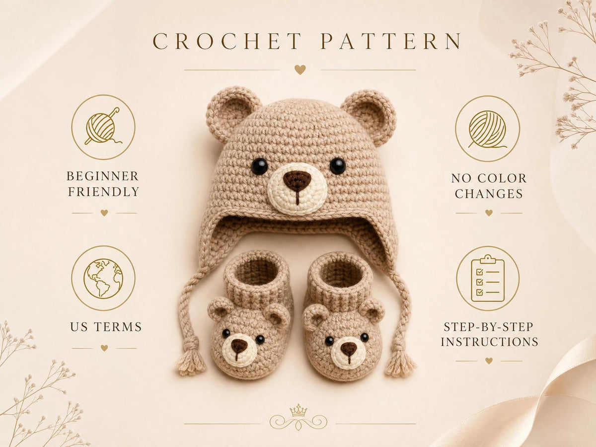 Sage Bear Hat & Booties Crochet Pattern | Newborn Baby Gift Set (PDF)