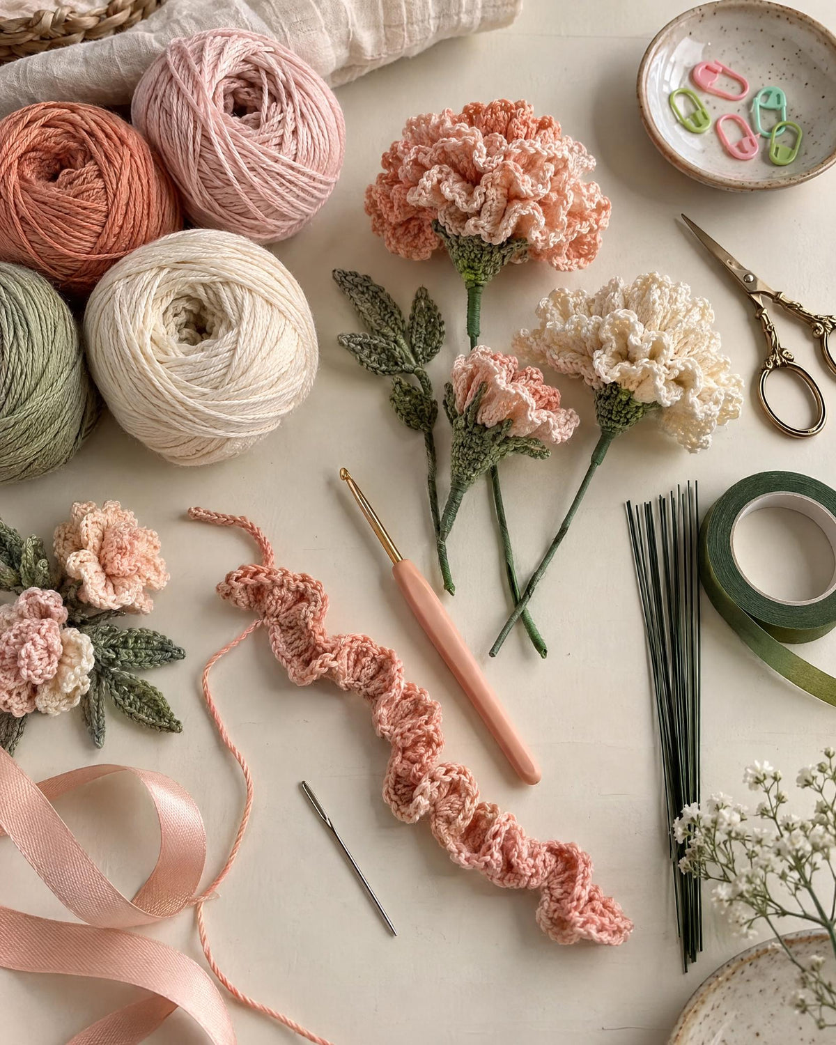 Ruffled Carnation Posy Crochet Pattern PDF, Beginner Flower Bouquet Tutorial, Crochet Carnation, Leaf and Stem Pattern, Digital Download