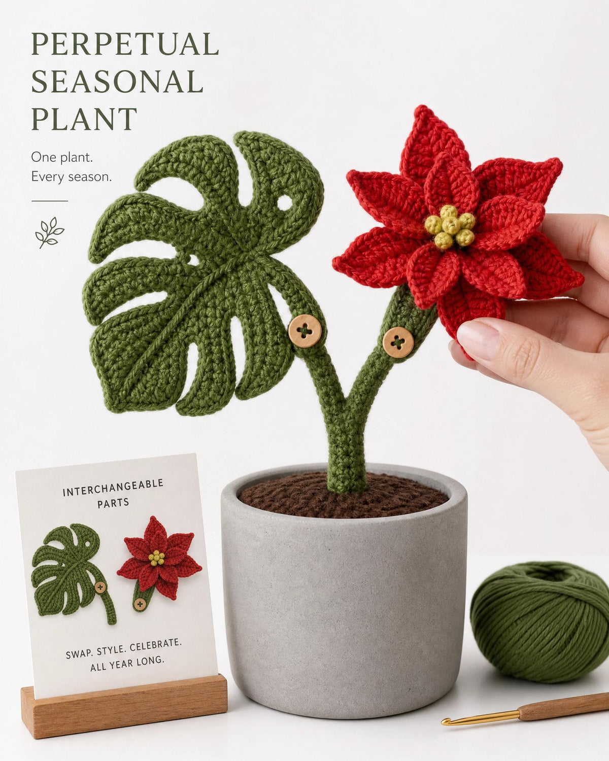 Crochet Plant Pattern – Interchangeable Monstera Leaf, Poinsettia Flower (PDF)