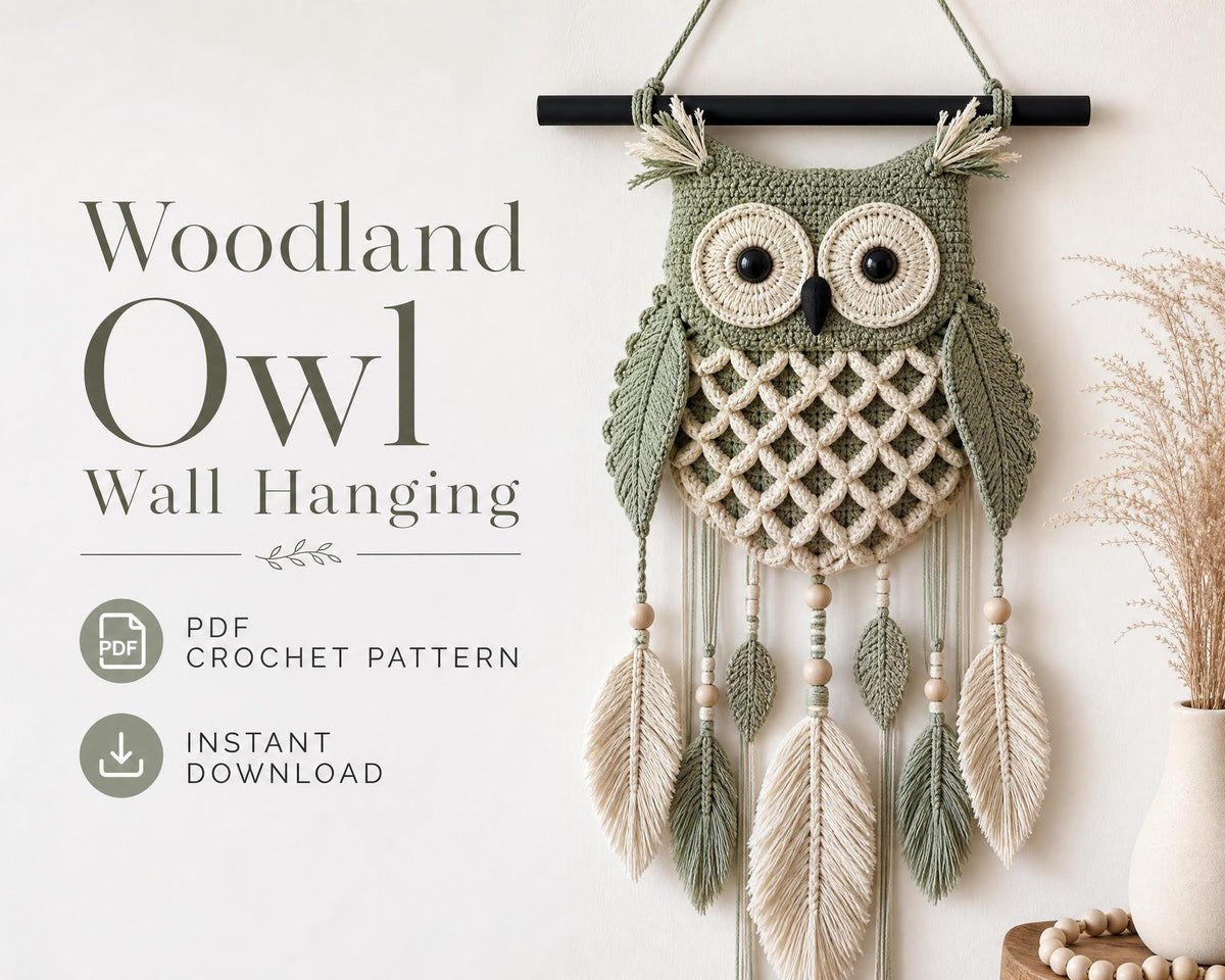 Crochet Owl Wall Hanging Pattern, Boho Nursery Decor, Woodland Art PDF (Digital Download)
