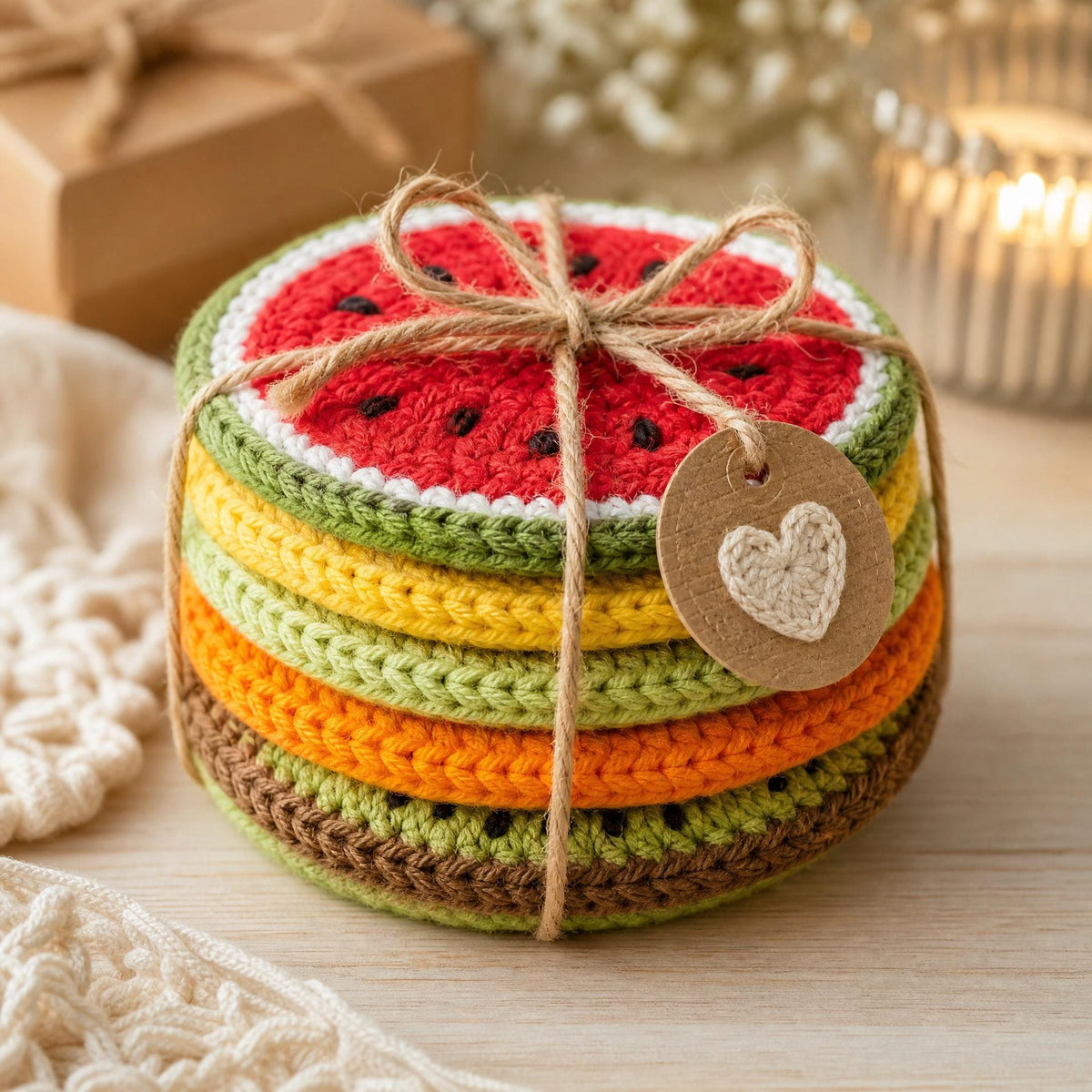 Crochet Fruit Coaster Pattern – Watermelon, Lemon, Lime, Orange, Kiwi (PDF Download)