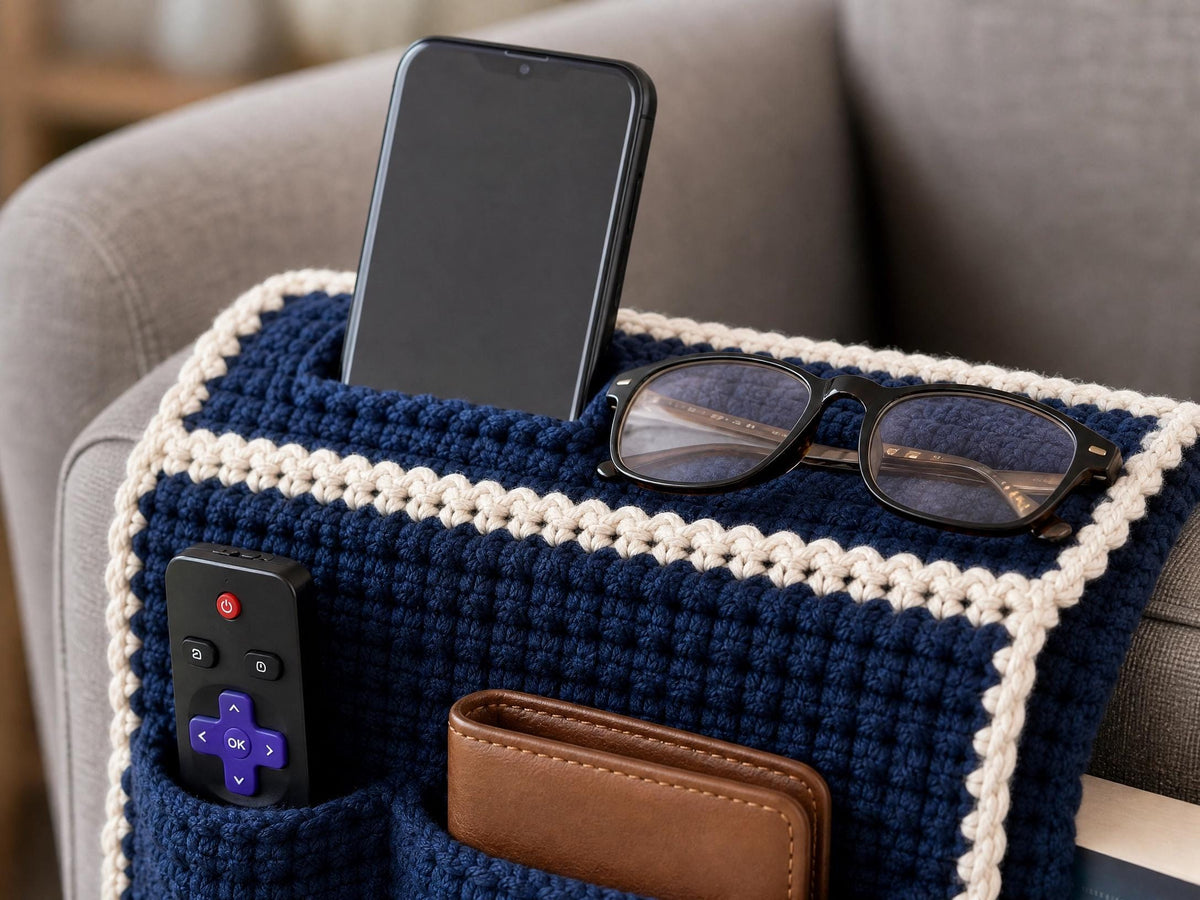 Crochet Armrest Caddy Pattern | Sofa Organizer, Navy Blue, Intermediate PDF