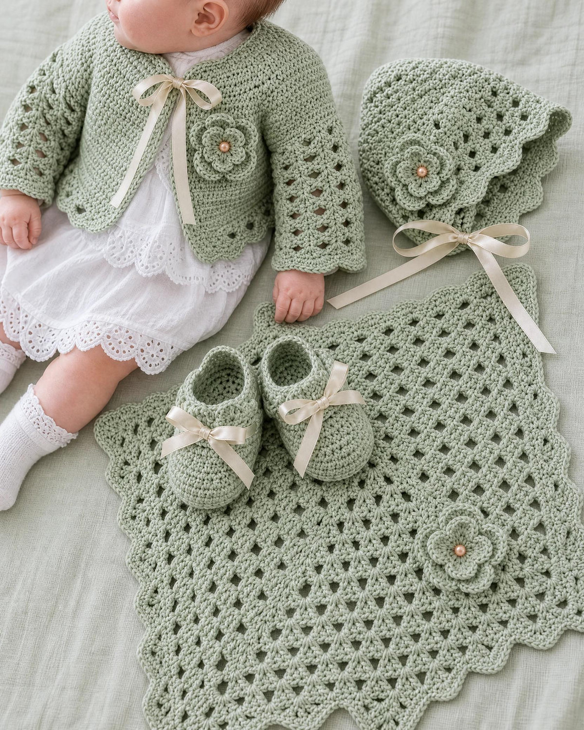 Crochet Baby Layette Set Pattern, 3-6 Month Cardigan, Hat, Booties, Blanket (PDF)