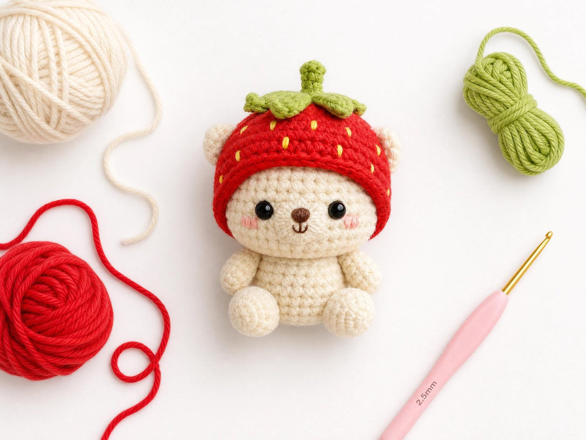 Strawberry Bear Crochet Pattern | Amigurumi Bag Charm Tutorial (PDF Download)