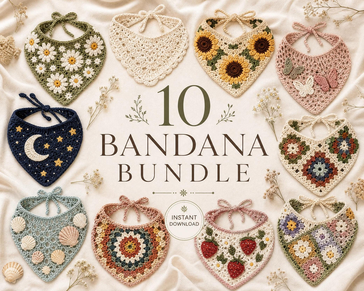 10 Crochet Bandana Patterns Bundle, Beginner Bibs, Instant Download
