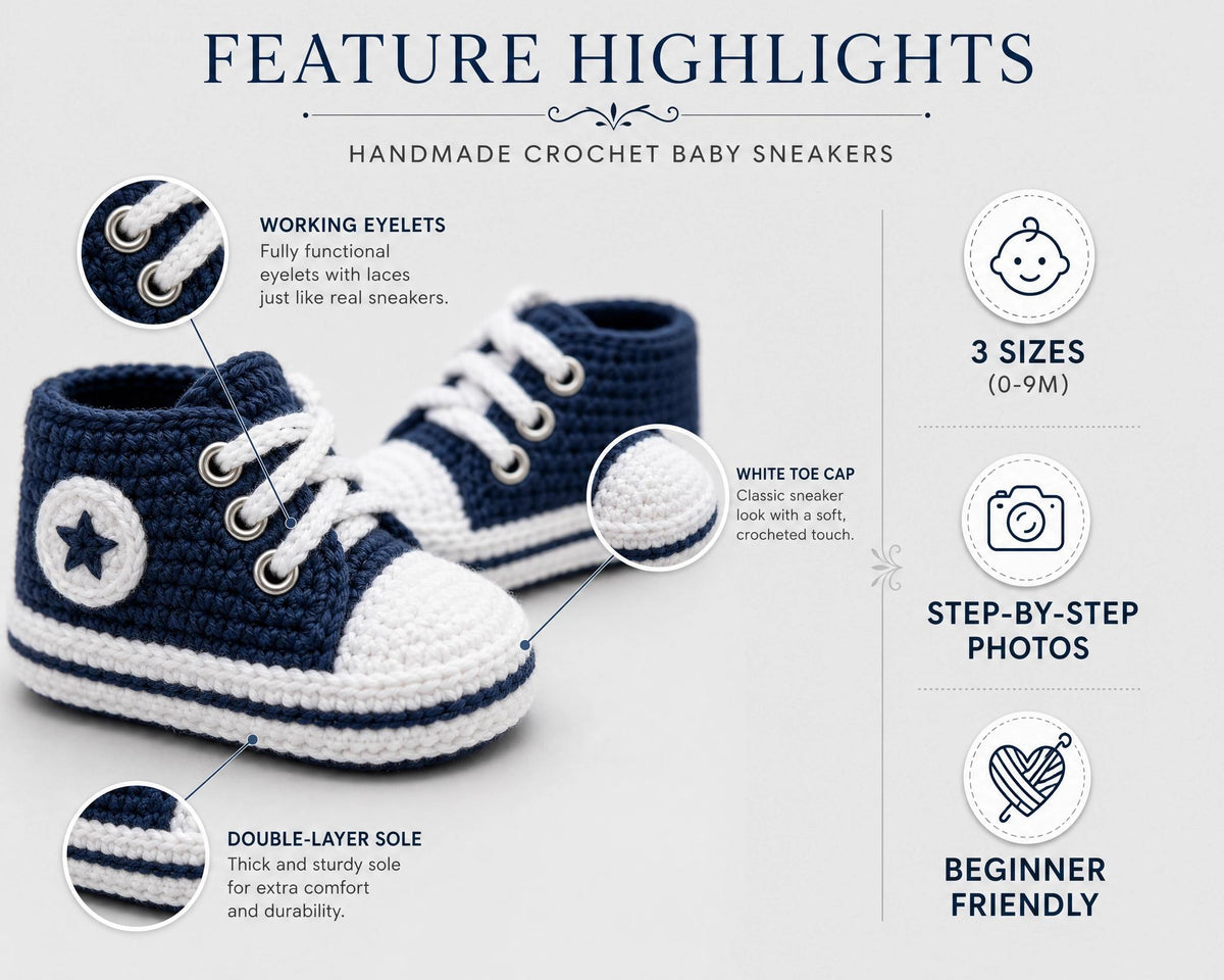 Crochet Baby Sneakers Pattern | High-Top Booties, 0-9 Months (PDF Download) English + Dutch