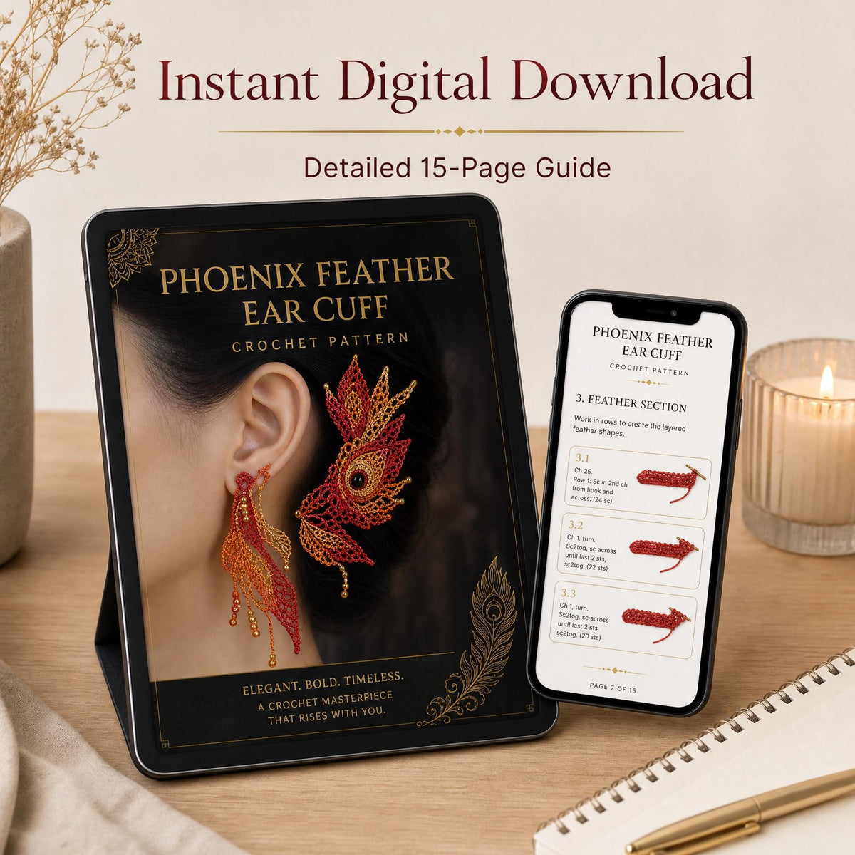 Phoenix Feather Ear Cuff Crochet Pattern | Micro Crochet Jewelry Tutorial (PDF Download)