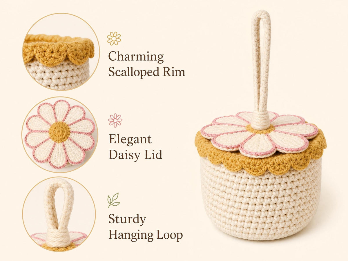 Daisy Hanging Basket Crochet Pattern | Flower Fruit Basket Wall Pouch PDF