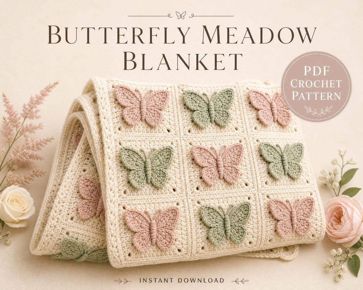 Butterfly Meadow Blanket Crochet Pattern | Granny Square Throw PDF | Dimensional Butterfly Appliqué