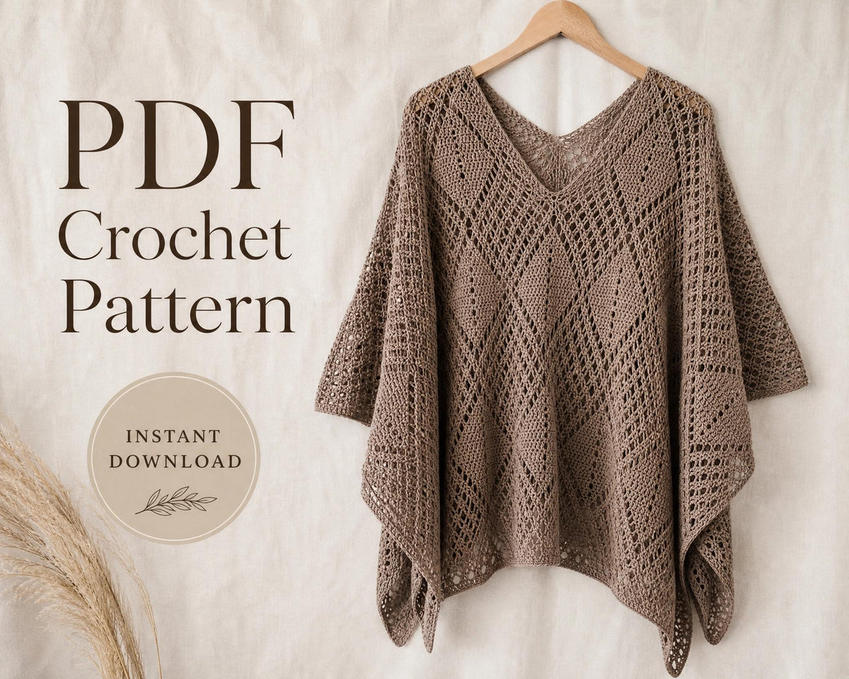 Diamond Mesh Poncho Crochet Pattern - One-Square Lace Poncho PDF - Confident Beginner Intermediate Instant Download