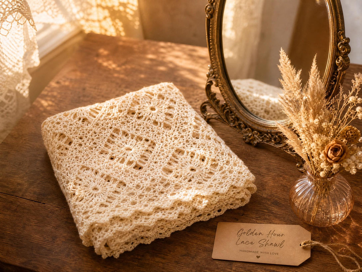Golden Hour Lace Shawl Crochet Pattern | Heirloom Triangular Wrap (PDF)