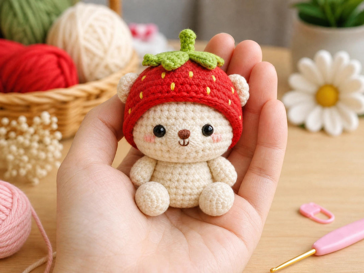 Strawberry Bear Crochet Pattern | Amigurumi Bag Charm Tutorial (PDF Download)