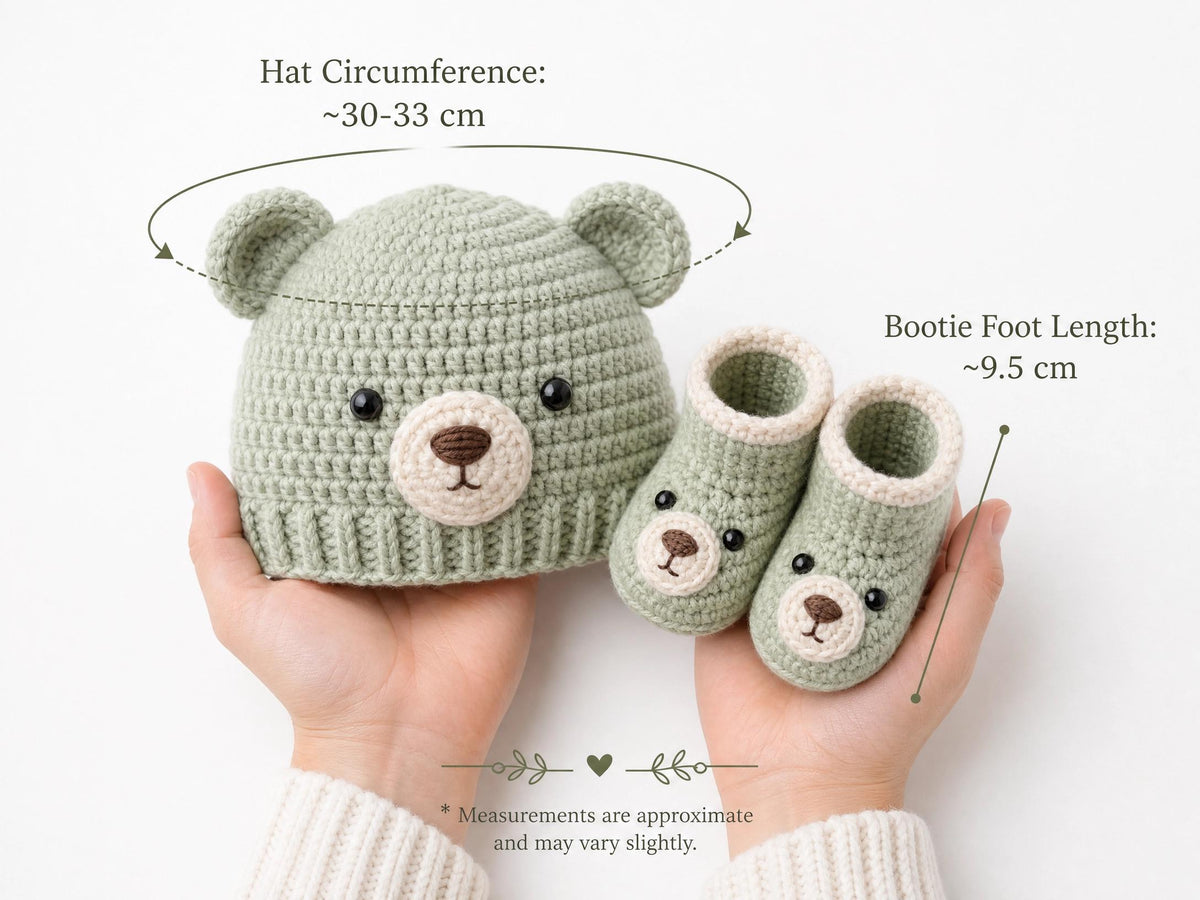 Sage Bear Hat & Booties Crochet Pattern | Newborn Baby Gift Set (PDF)