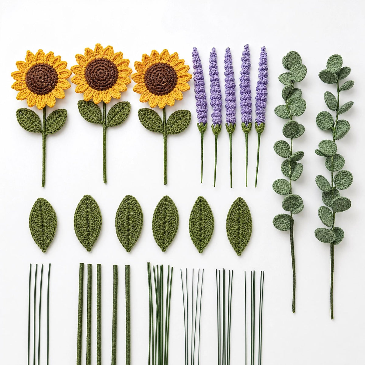 Crochet Bouquet Pattern - Sunflowers, Lavender & Eucalyptus - Beginner Friendly PDF - Everlasting Floral Arrangement Digital Download