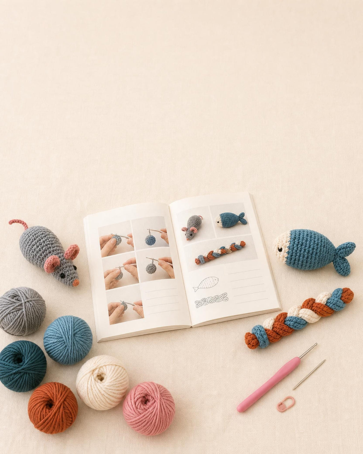 Crochet Cat Toy Patterns PDF, 3 Beginner Designs: Mouse, Fish & Braid, Digital Download, US Terms