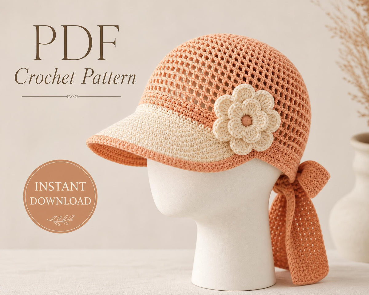 Peach Blossom Crochet Sun Cap Pattern | Beginner Friendly Summer Hat PDF | Adult Mesh Bucket Hat | Instant Download