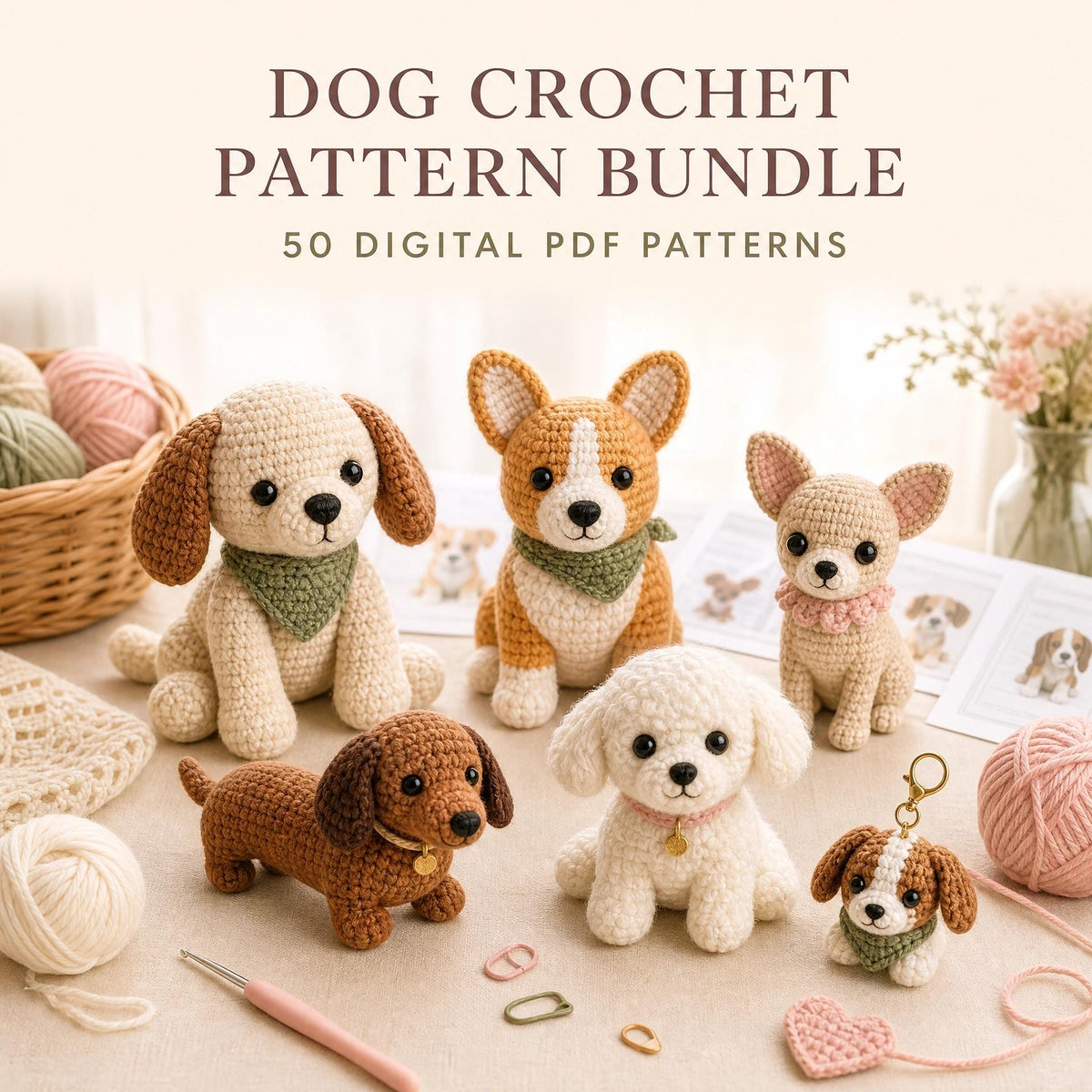50 Dog Amigurumi Crochet Patterns, Puppy Toys, Keychains, Ornaments (Digital Download)