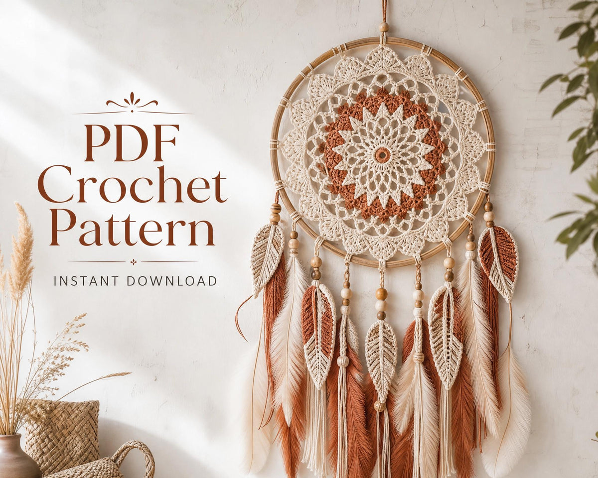 Boho Crochet Dream Catcher Pattern, Large Lace Doily Dreamcatcher PDF, Wooden Hoop Wall Decor, Terracotta Cream + 60 Macrame Knot Patterns