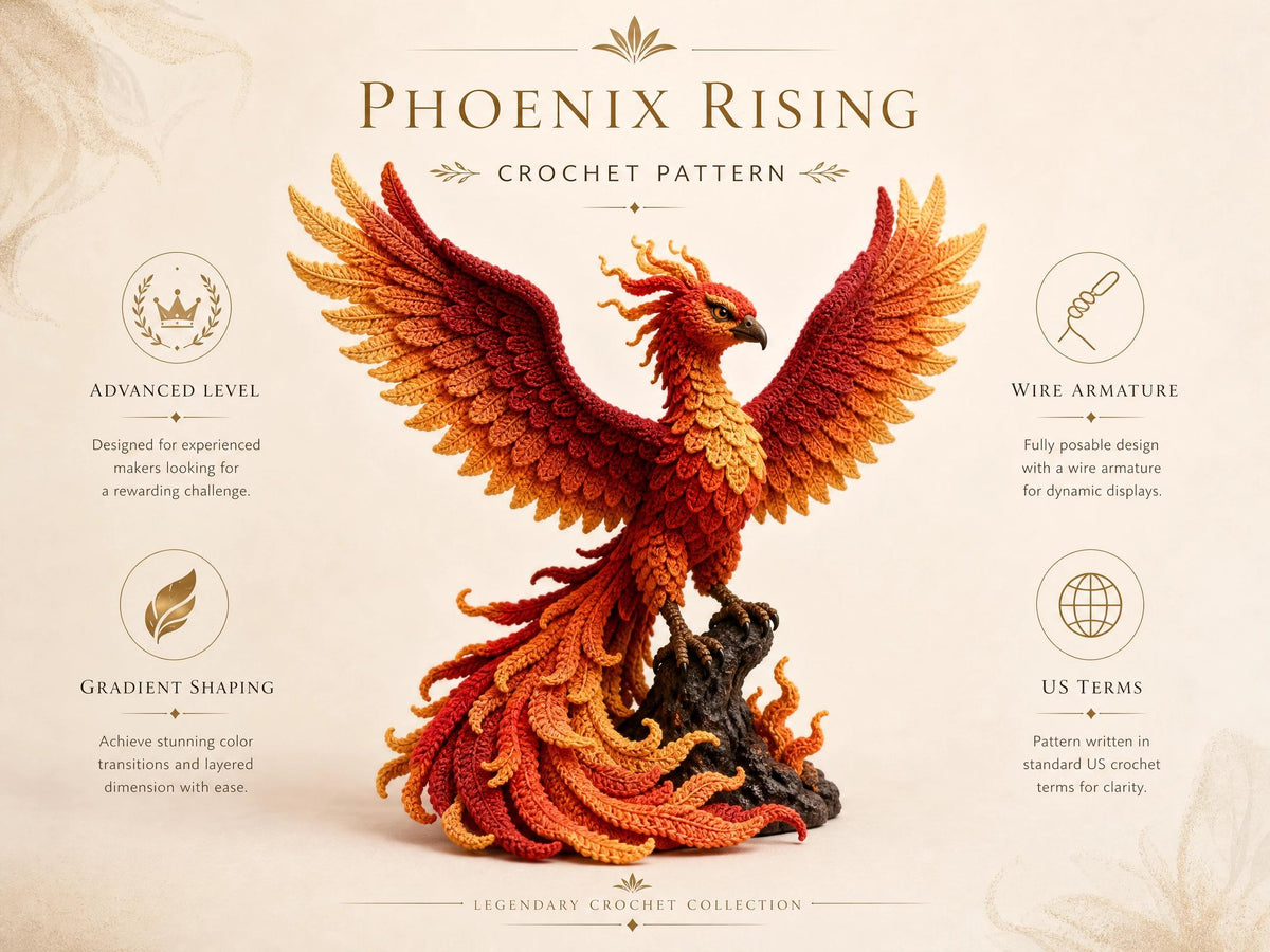 Phoenix Rising Amigurumi Crochet Pattern | Posable Firebird, Gradient Feathers (Digital Download)