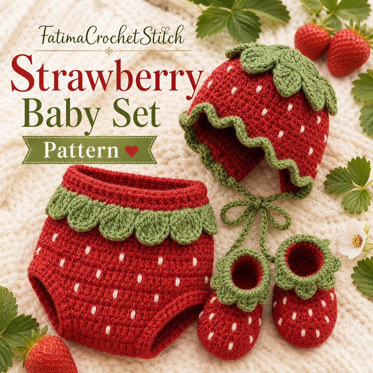 Strawberry Baby Crochet Set Pattern – Bonnet, Diaper Cover, Booties (Digital PDF)