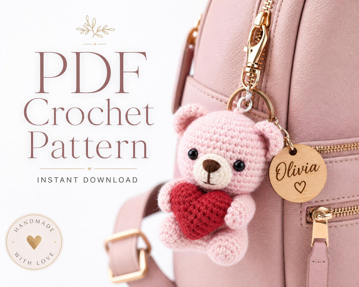 Crochet Bear Keychain Pattern, Amigurumi Heart, Personalized Name Tag (PDF Download)