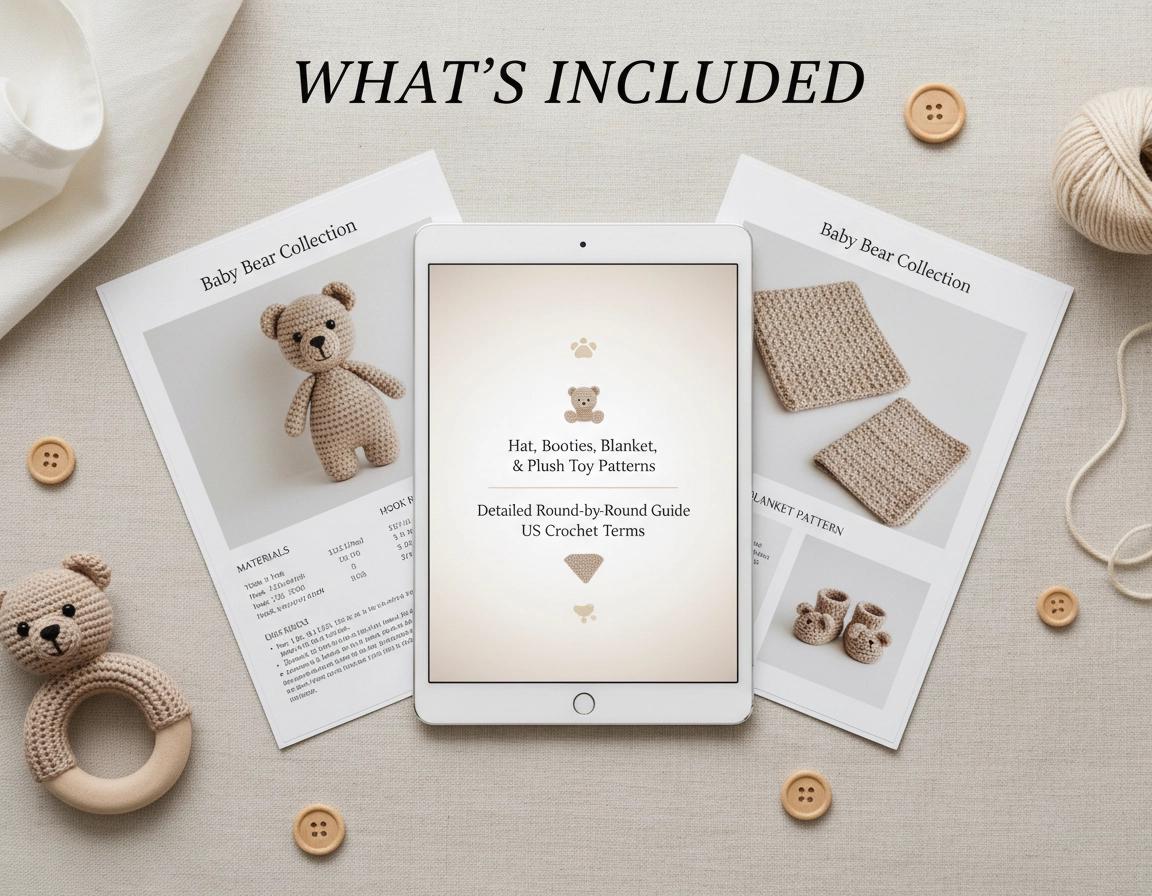 Baby Bear Crochet Pattern Bundle | Hat, Booties, Blanket, Plush Toy (PDF Download)