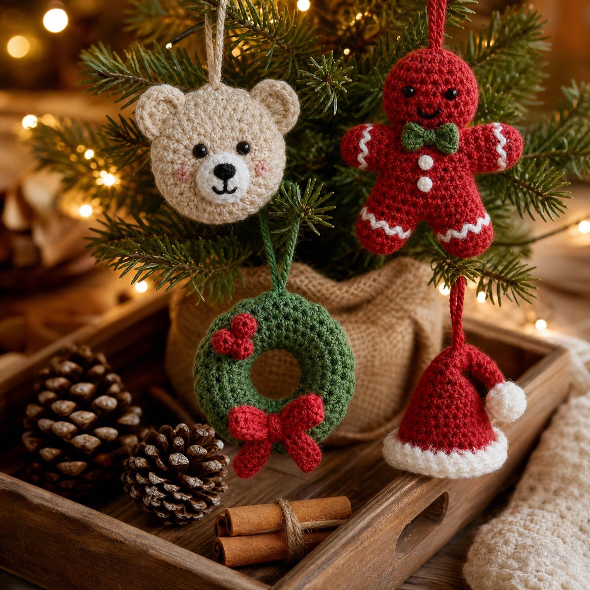 Crochet Christmas Ornament Pattern Set – Teddy Bear, Gingerbread Man, Wreath, Santa Hat (PDF Pattern)