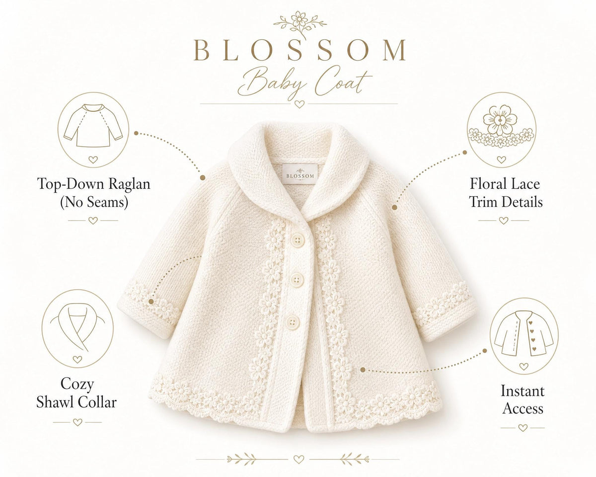 Blossom Baby Coat Crochet Pattern, Top-Down Raglan Cardigan, 6-12 Months (PDF Download)