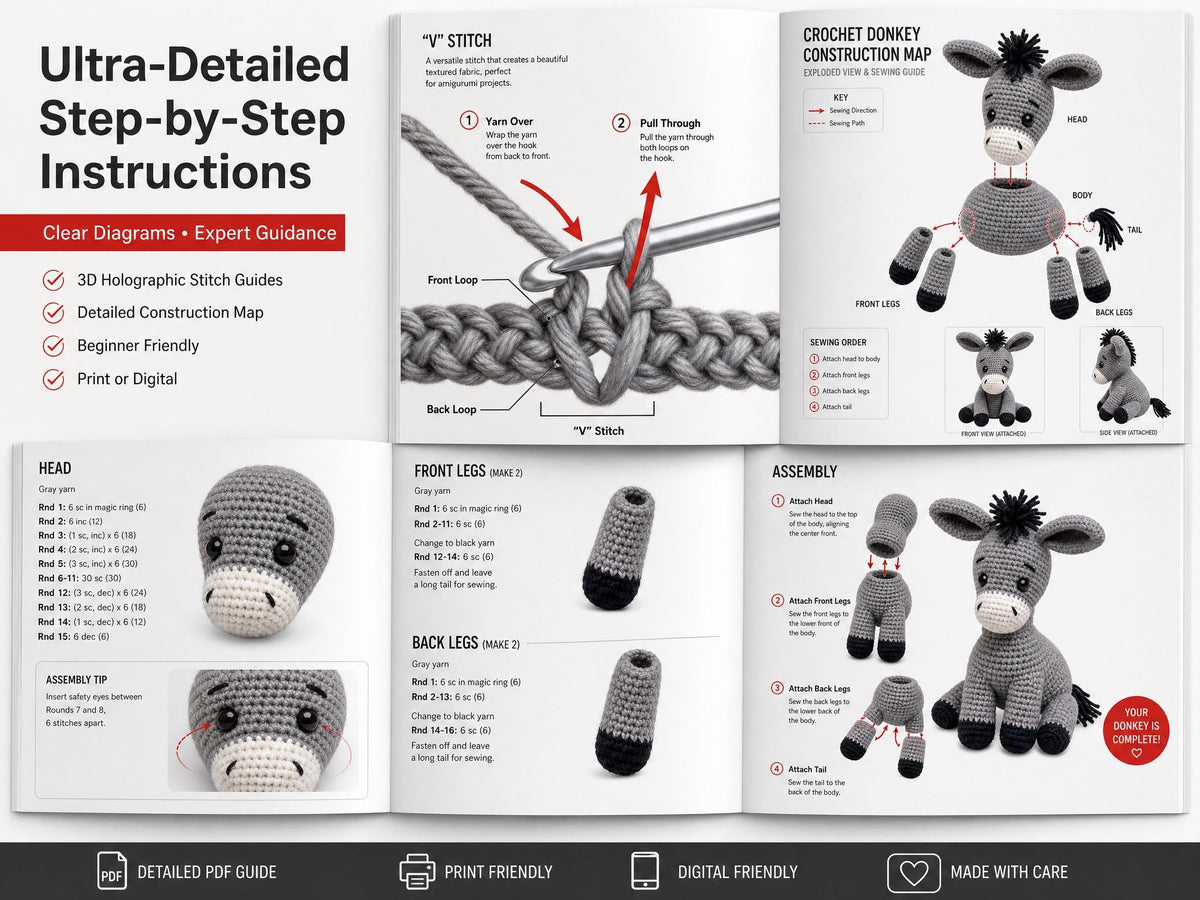 Beginner Crochet Donkey Amigurumi Pattern – Easy Stuffed Animal PDF (Digital Download)