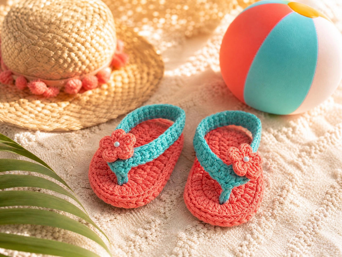 Crochet Baby Flip-Flops Pattern: Coral Turquoise Sandals (0-6 Months) (PDF Download)