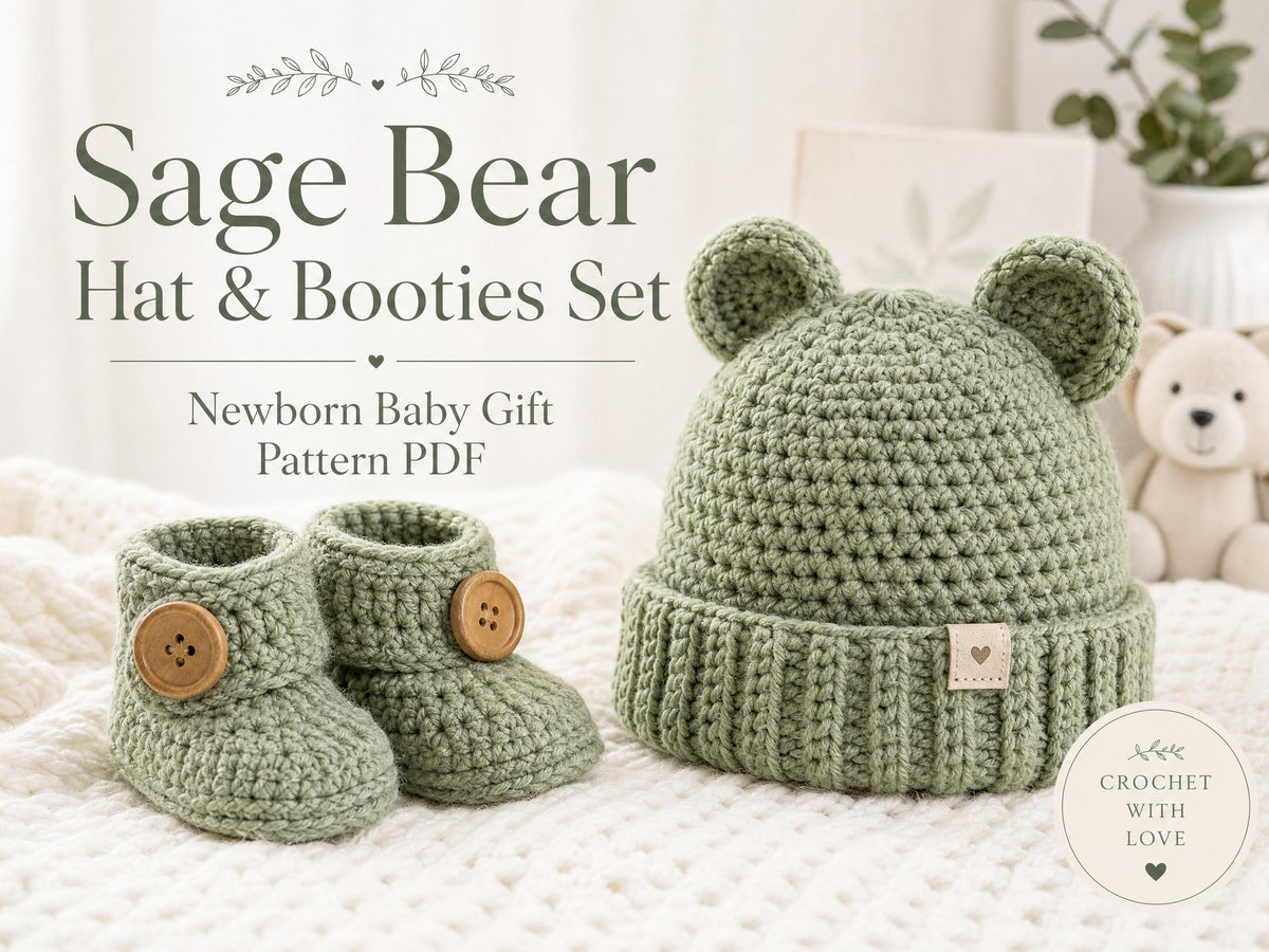 Sage Bear Hat & Booties Crochet Pattern | Newborn Baby Gift Set (PDF)