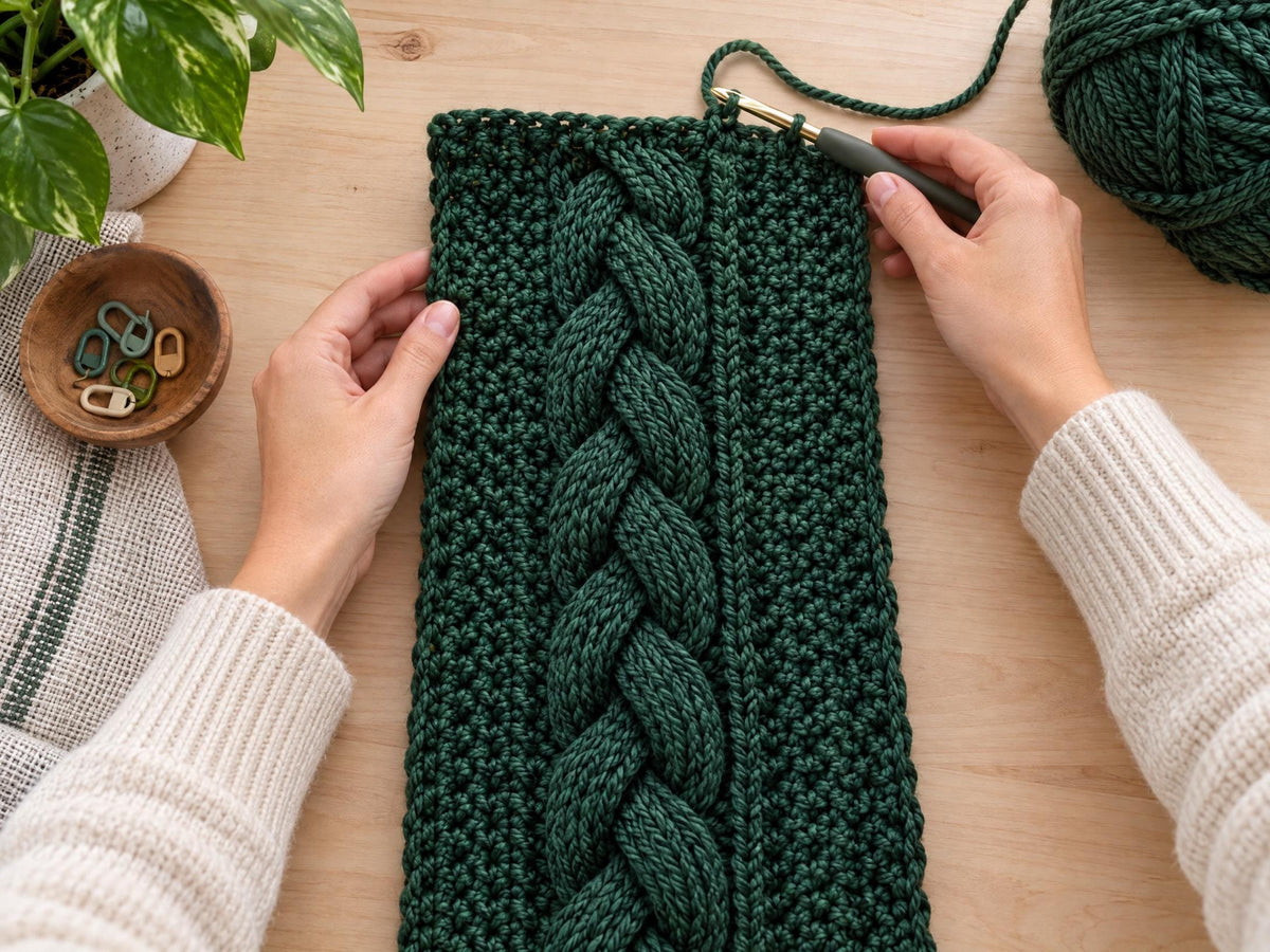 Evergreen Cable Hooded Scarf Pattern: Crochet PDF for Adults