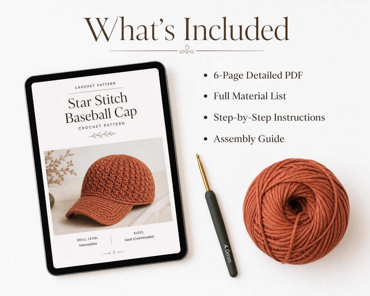 Star Stitch Crochet Baseball Cap Pattern – Textured Adult Hat PDF (Instant Download)