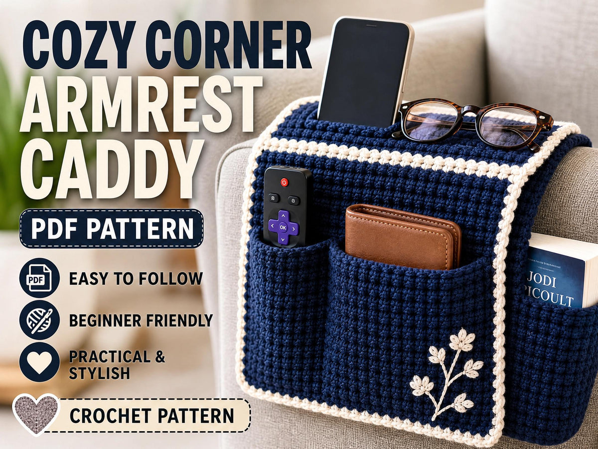 Crochet Armrest Caddy Pattern | Sofa Organizer, Navy Blue, Intermediate PDF