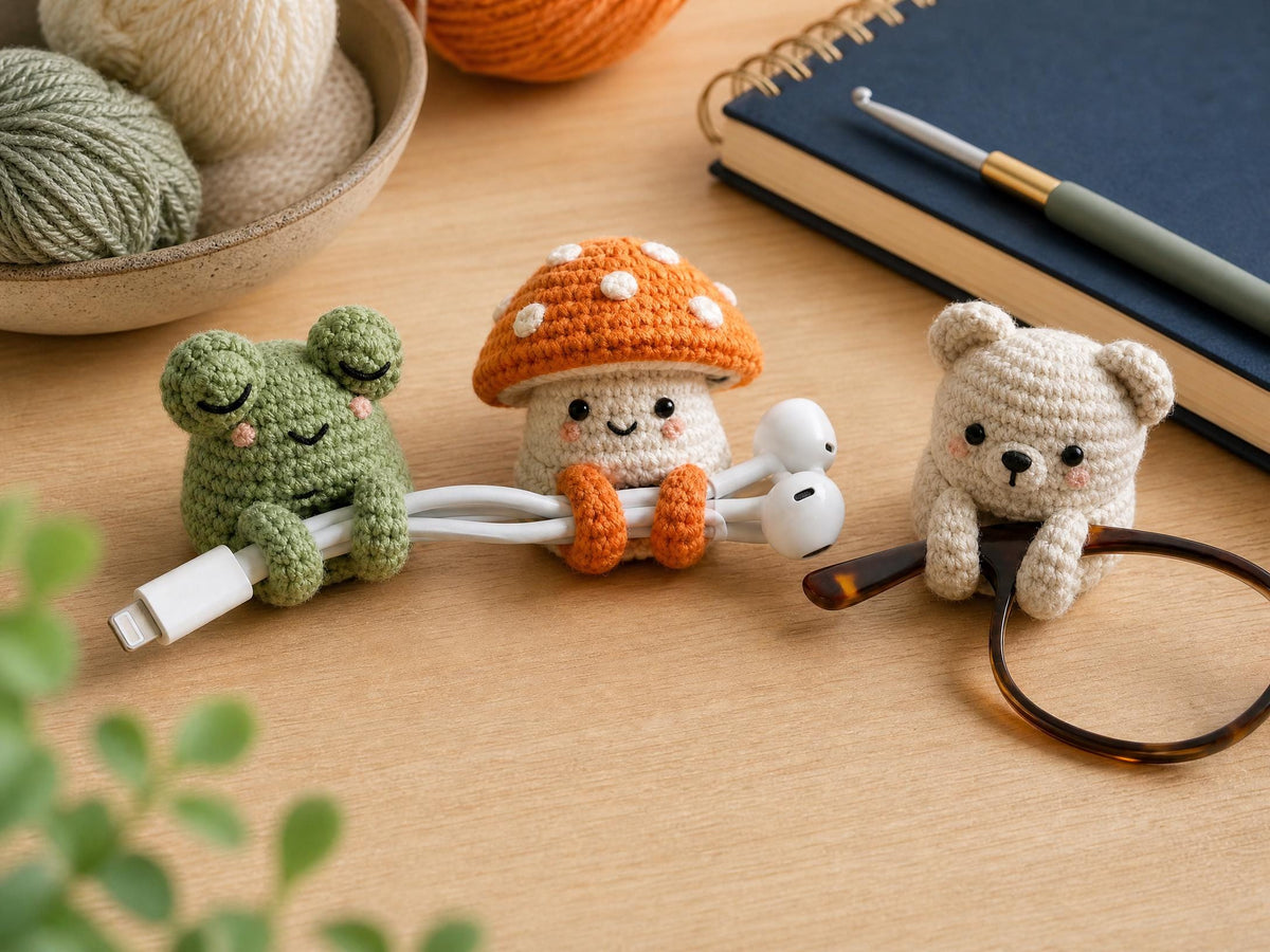 Crochet Frog, Mushroom, Bear Cable Holder Pattern, Beginner Amigurumi Desk Buddy (PDF Download)