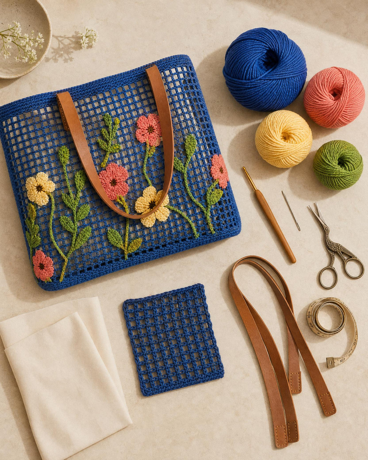 Floral Filet Crochet Tote Bag Pattern PDF | Beginner Mesh Market Bag | Flower Appliqué Purse | Instant Digital Download